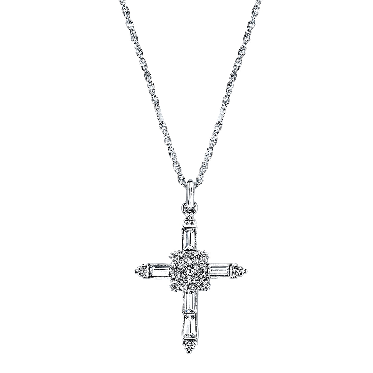 1928 Symbols of Faith silver tone crystal baguette cross necklace 18 inch chain