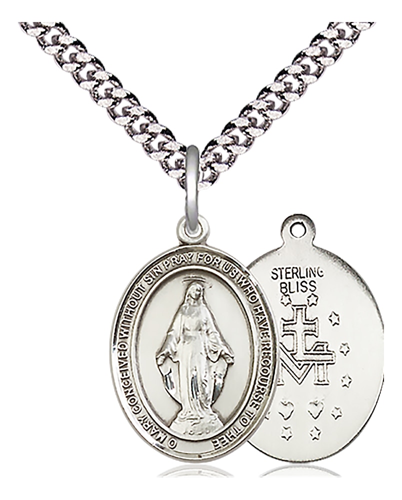 Sterling Silver Miraculous Pendant on an 18-inch Light Rhodium Heavy Curb Chain.  Handmade in the USA