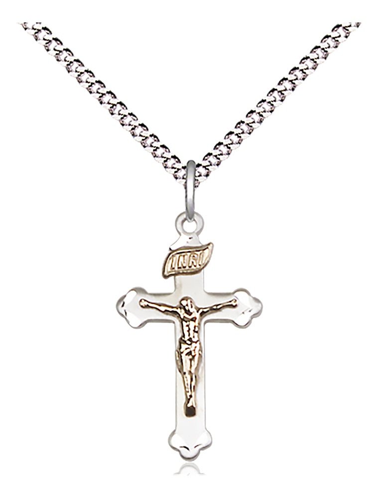 Two-Tone GF/SS Crucifix Pendant on an 18-inch Light Rhodium Light Curb Chain.  Handmade in the USA