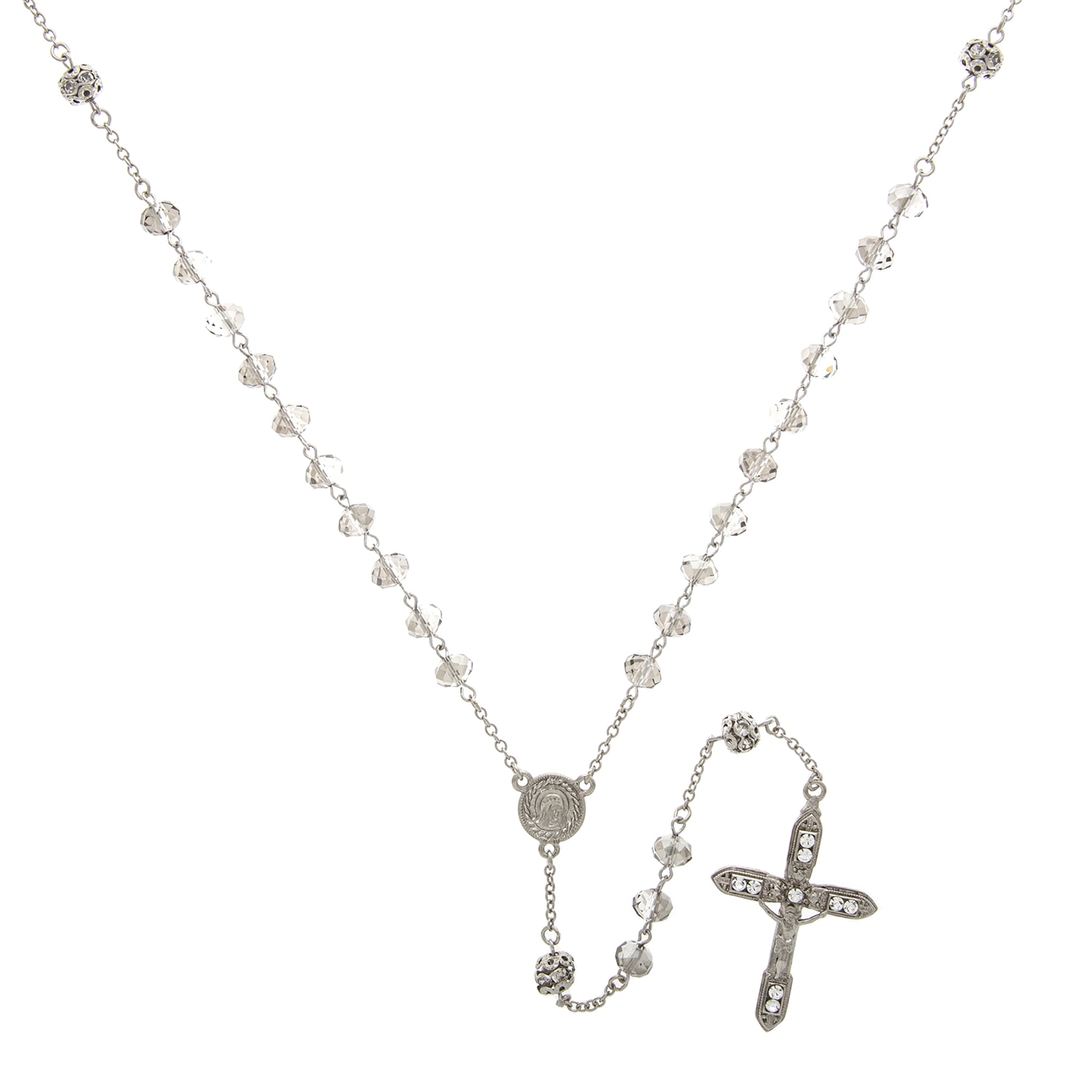 1928 Symbols of Faith silver tone black diamond crystal and filigree rosary 28 inches