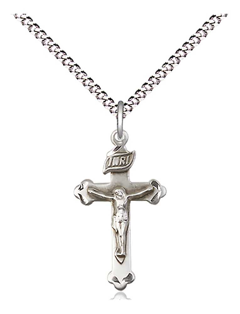 Sterling Silver Crucifix Pendant on an 18-inch Light Rhodium Light Curb Chain.  Handmade in the USA