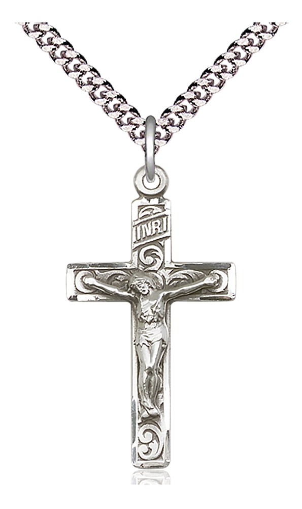 Sterling Silver Crucifix Pendant on an 24-inch Light Rhodium Heavy Curb Chain.  Handmade in the USA