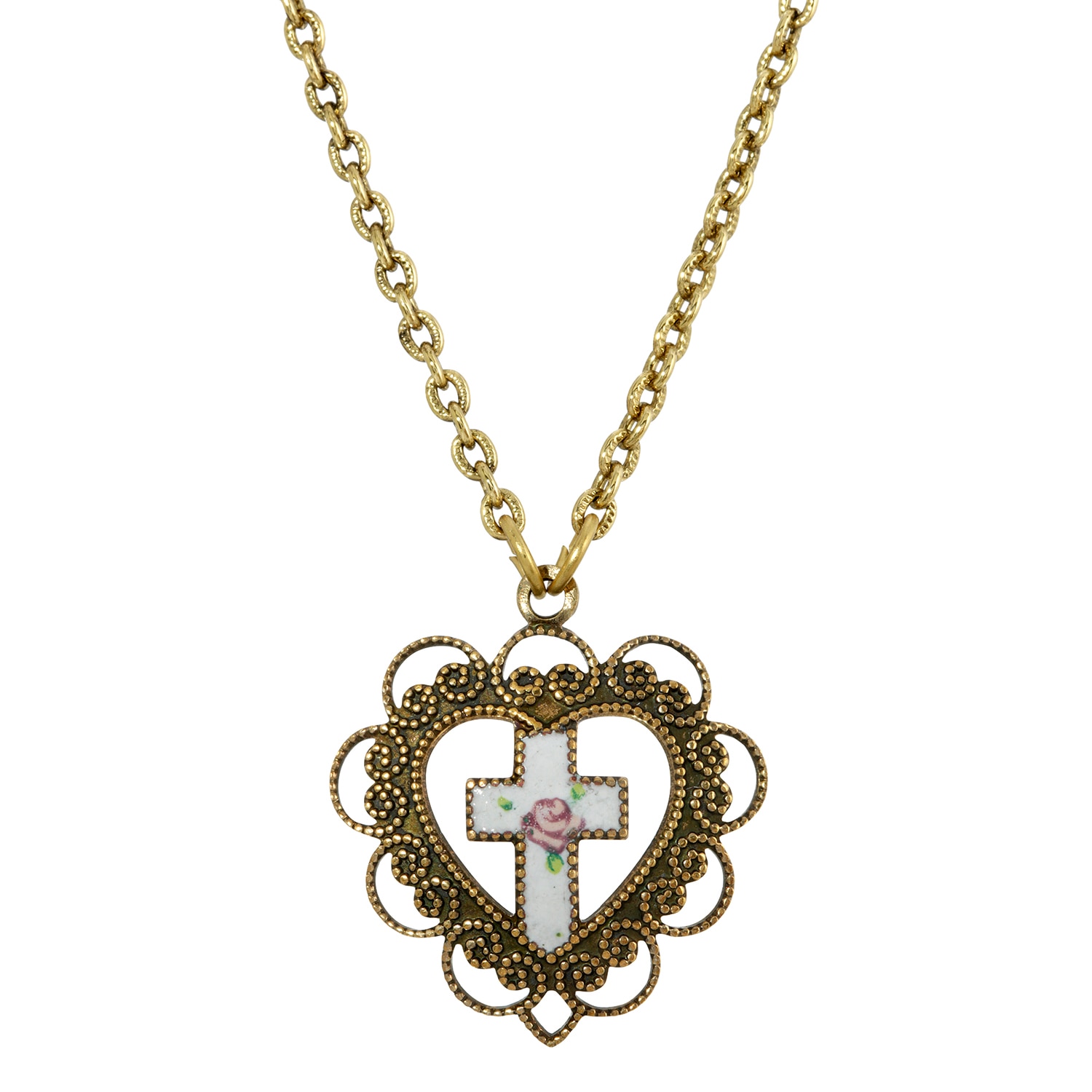 1928 Symbols of Faith hear with white floral cross necklace 16-19 inch adjustable chain