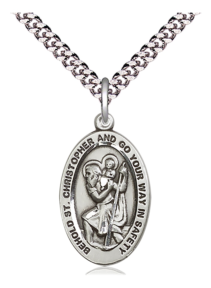 Sterling Silver Saint Christopher Pendant on an 24-inch Light Rhodium Heavy Curb Chain.  Handmade in the USA