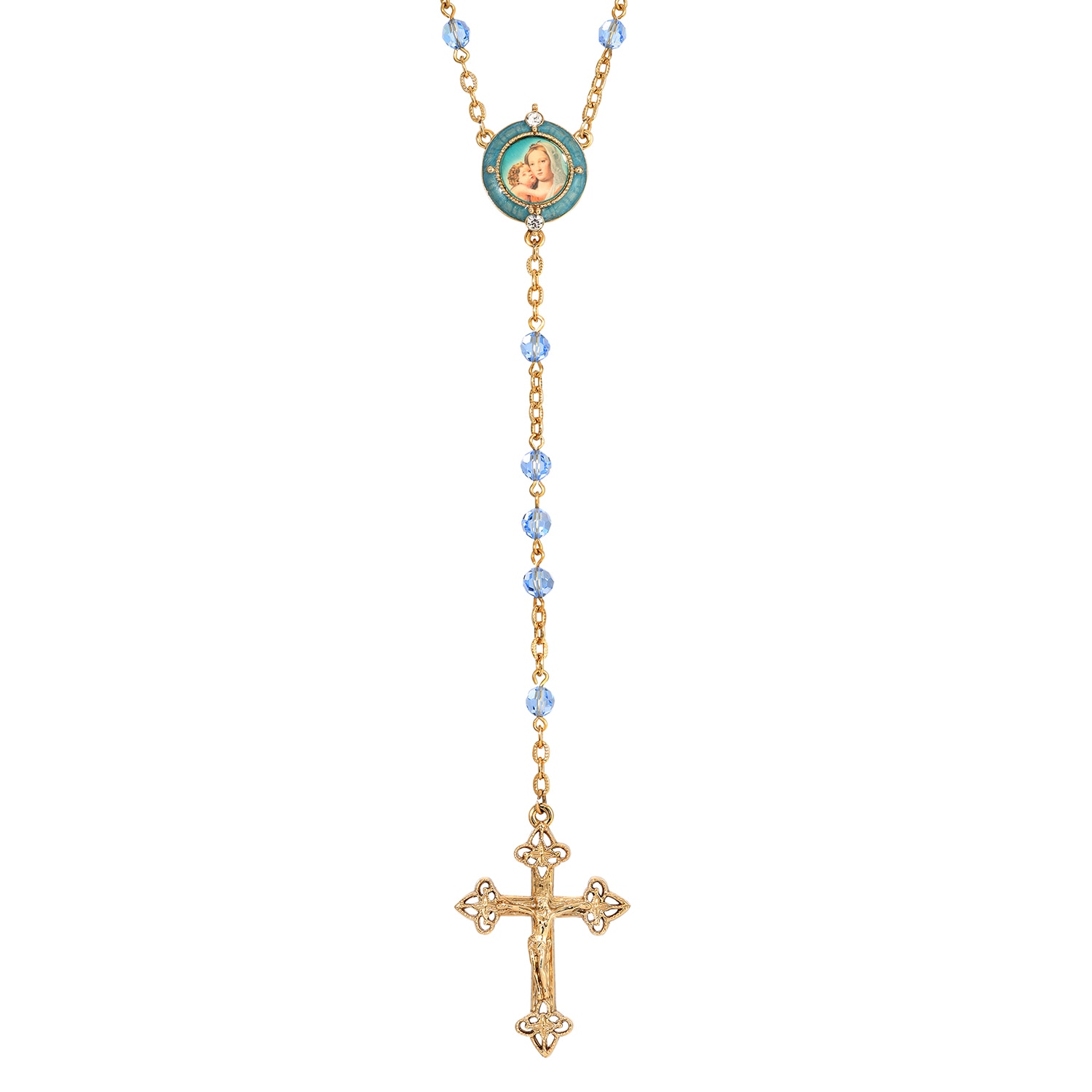 1928 Symbols of Faith glass beaded with hand enamel Mary and Child decal rosary 30 inches