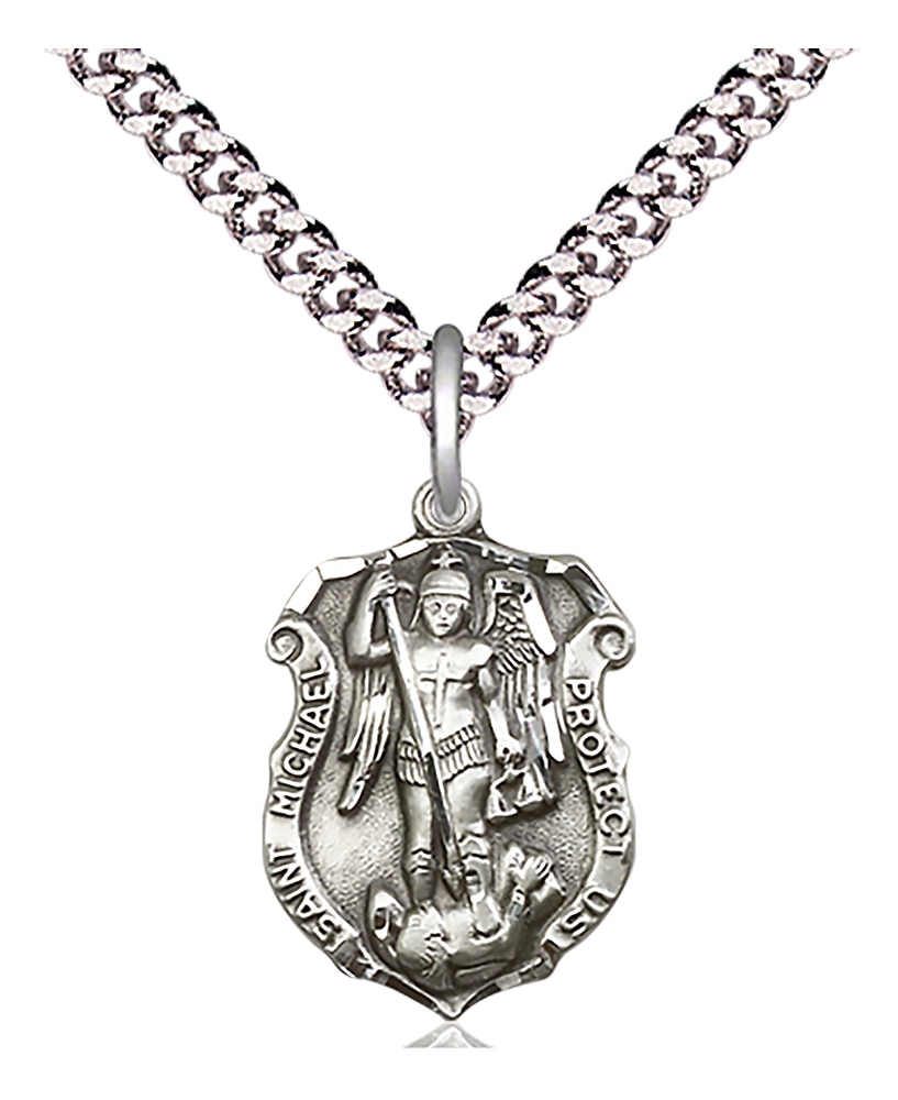 Sterling Silver Saint Michael the Archangel Shield Pendant on an 24-inch Light Rhodium Heavy Curb Chain.  Handmade in the USA