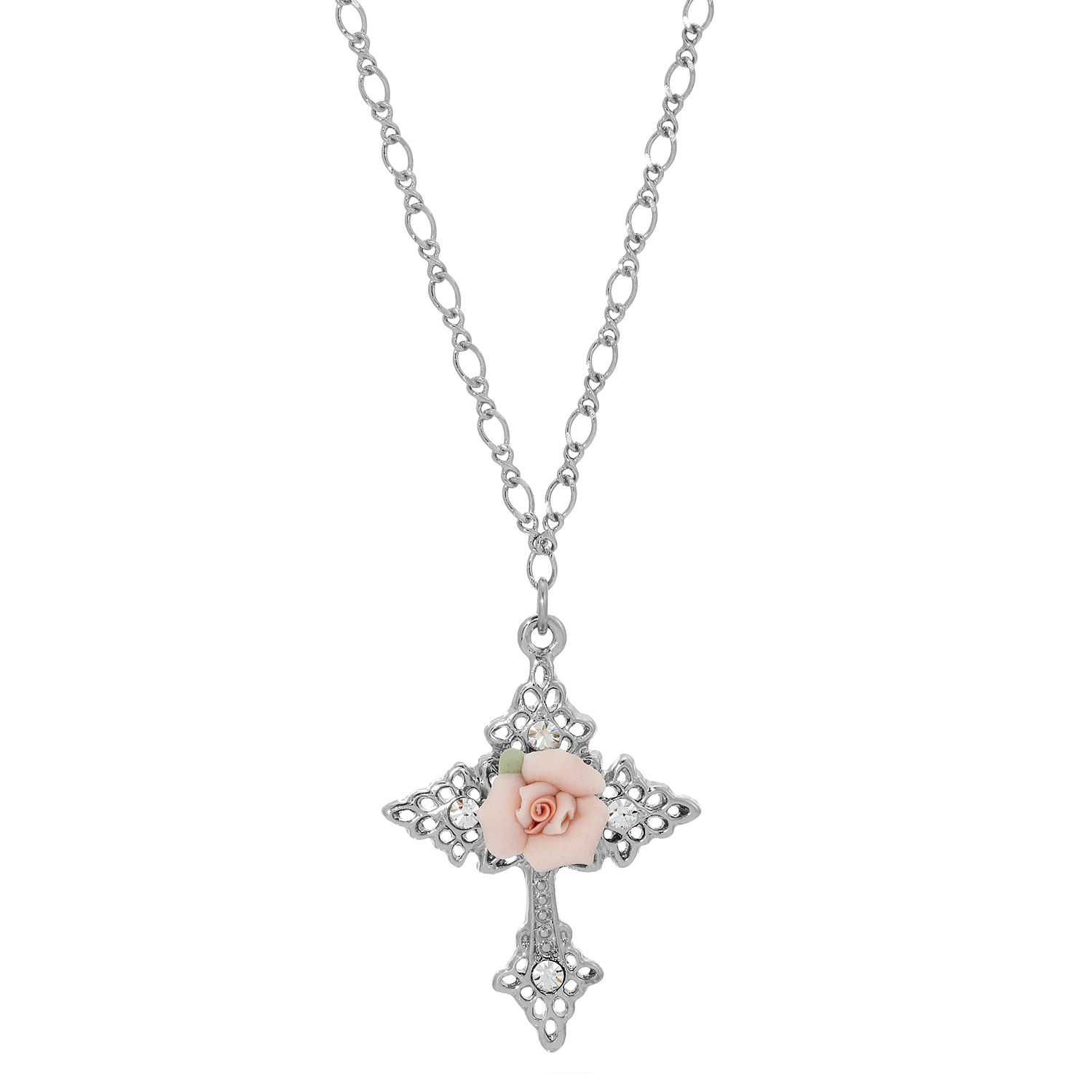 1928 Symbols of Faith porcelain rose crystal cross neckalace 18 inch chain
