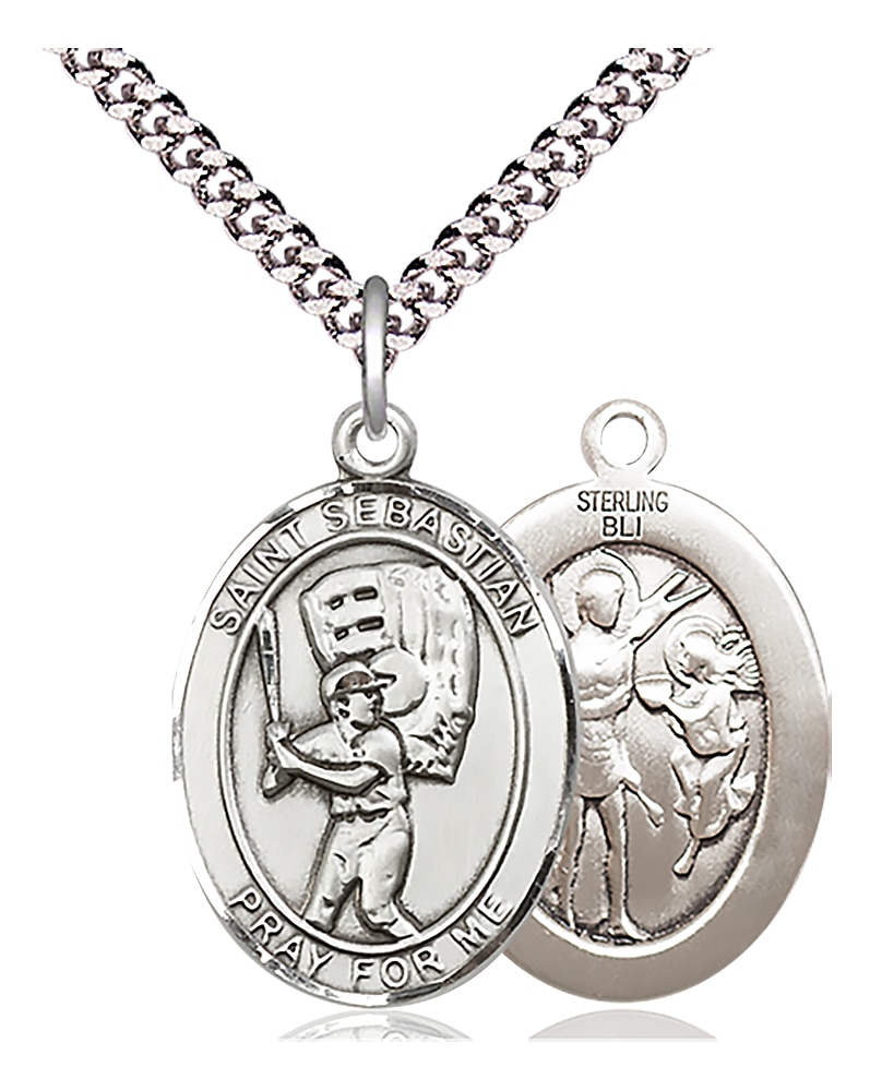 Sterling Silver Saint Sebastian Baseball Pendant on an 24-inch Light Rhodium Heavy Curb Chain.  Handmade in the USA