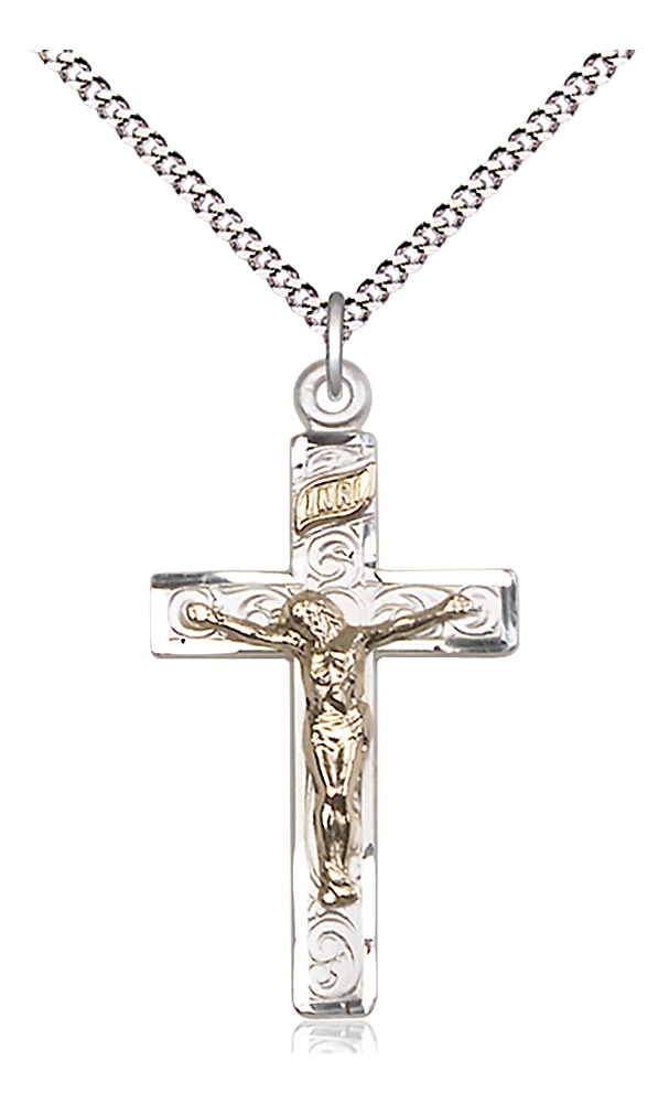 Two-Tone GF/SS Crucifix Pendant on an 18-inch Light Rhodium Light Curb Chain.  Handmade in the USA