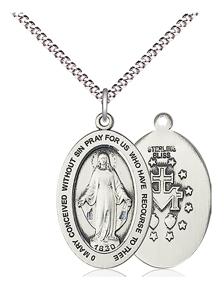 Miraculous Medal  Medal Measures 1-inch tall by 5/8-inch wide  Chain is 18 Inches in length Light Rhodium Light Curb Chain with Lobster Claw Clasp Handmade in the USA