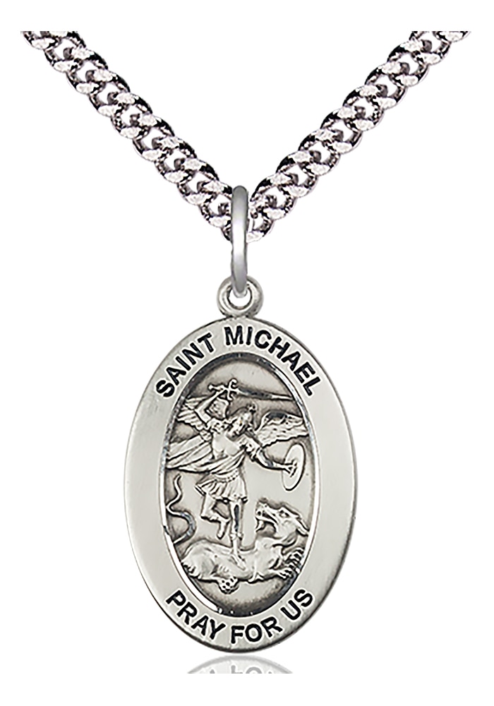 Saint Michael the Archangel Medal  Medal Measures 1-inch tall by 5/8-inch wide  Chain is 18 Inches in length Light Rhodium Heavy Curb Chain with Lobster Claw Clasp  Saint Michael the Archangel is the Patron Saint of Police Officers/EMTs Handmade in t