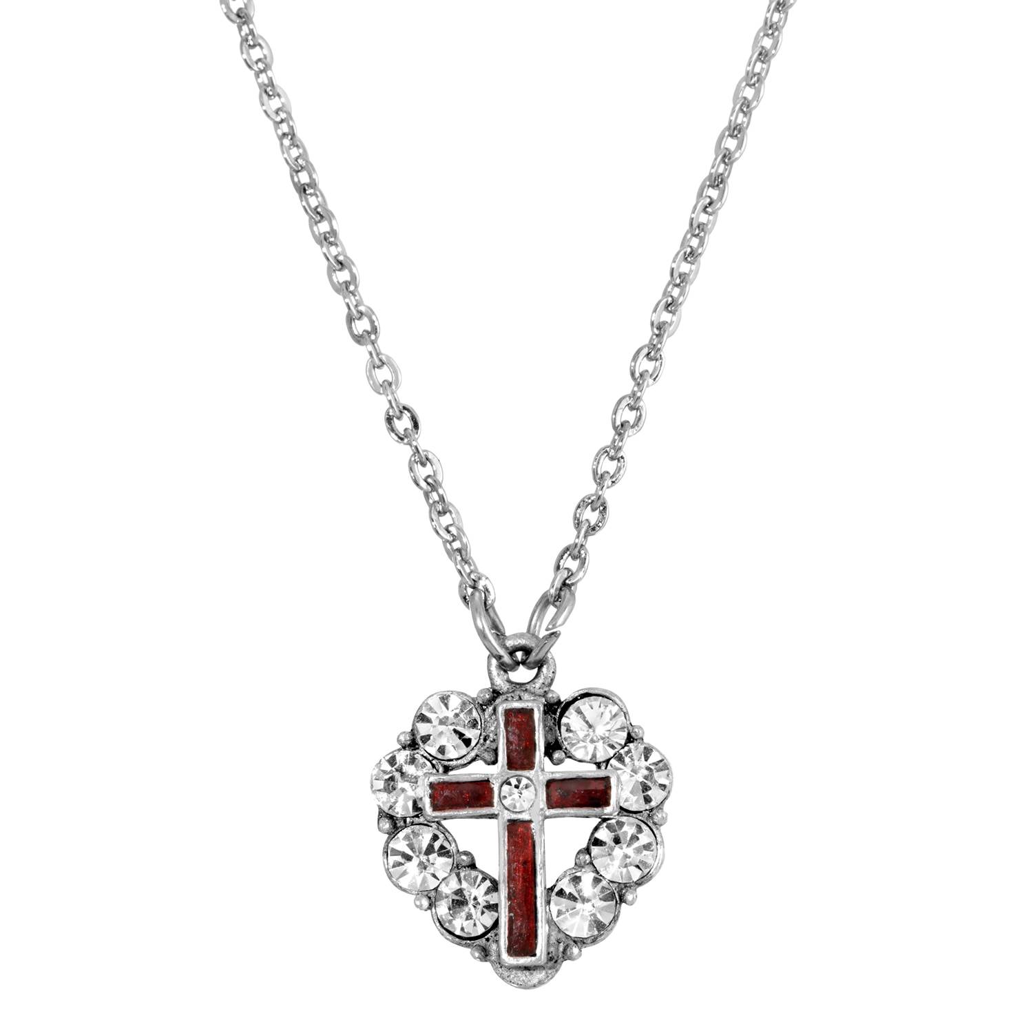 1928 Symbols of Faith Pewter red enamel crystal heart necklace 16-19 inch adjustable chain