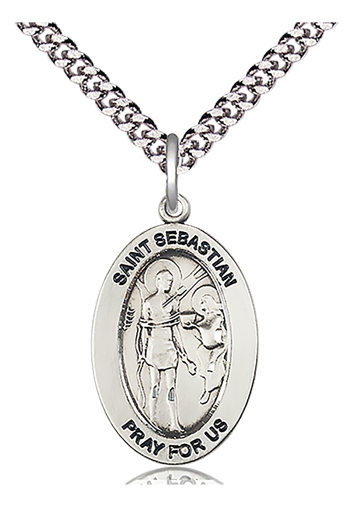 Saint Sebastian Medal  Medal Measures 1-inch tall by 5/8-inch wide  Chain is 18 Inches in length Light Rhodium Heavy Curb Chain with Lobster Claw Clasp  Saint Sebastian is the Patron Saint of Athletes/Soldiers Handmade in the USA