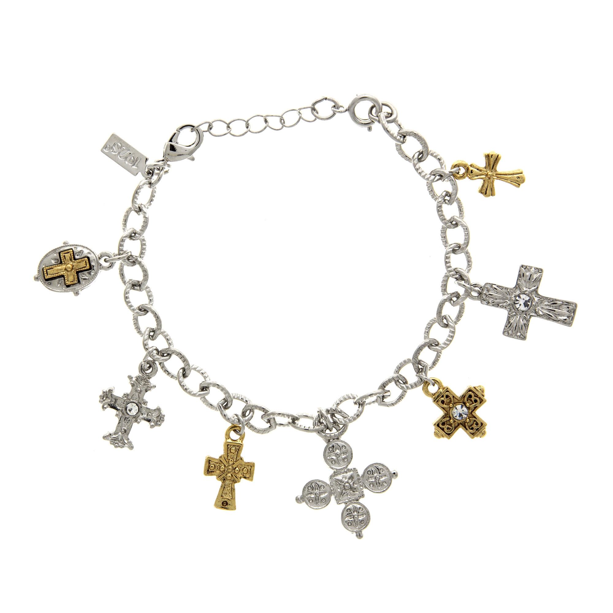 1928 Symbols of Faith two tone seven cross charm bracelet