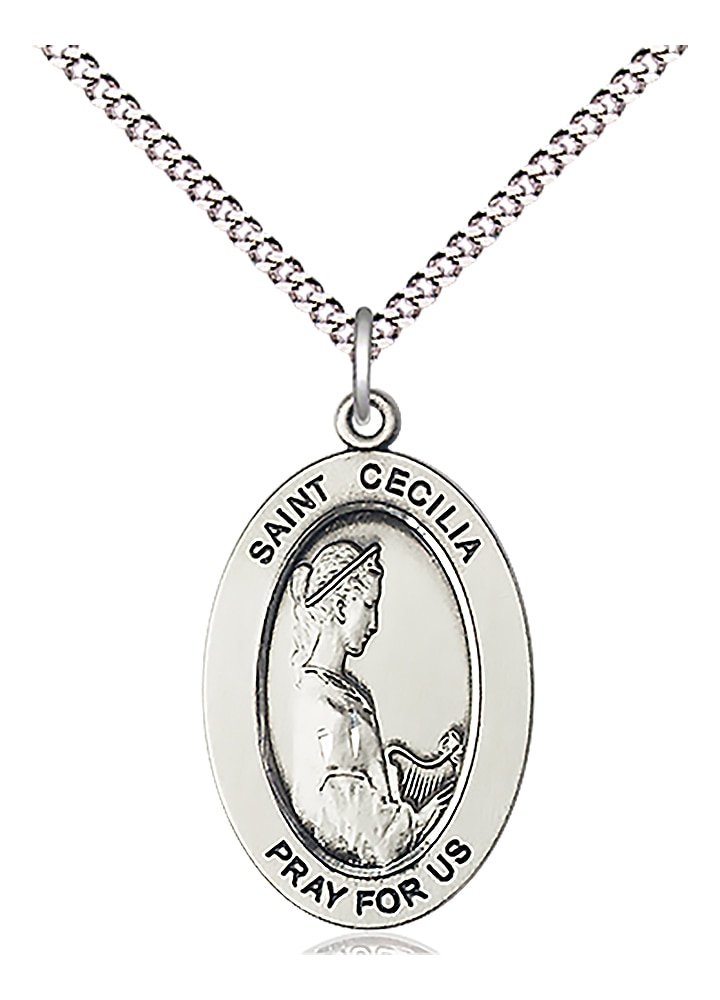 Saint Cecilia Medal  Medal Measures 1-inch tall by 5/8-inch wide  Chain is 18 Inches in length Light Rhodium Light Curb Chain with Lobster Claw Clasp  Saint Cecilia is the Patron Saint of Musicians/Singers Handmade in the USA