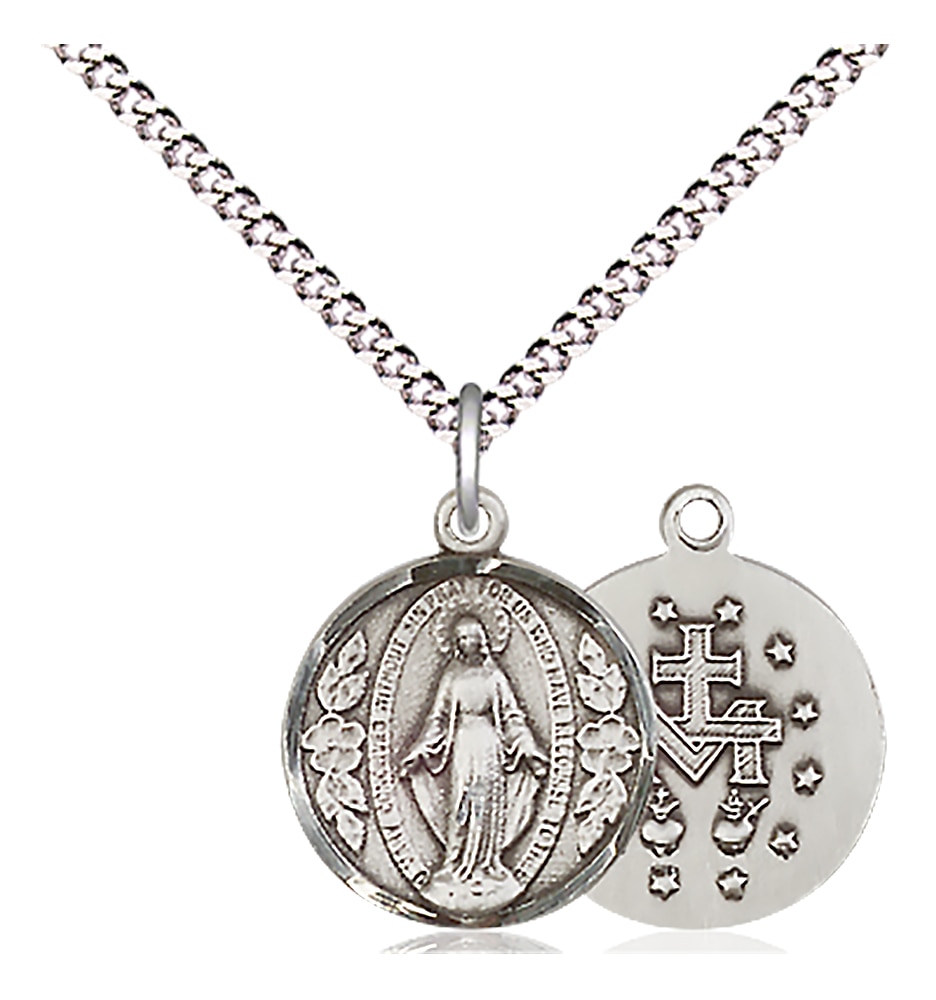 Miraculous Medal  Medal Measures 5/8-inch tall by 1/2-inch wide  Chain is 18 Inches in length Light Rhodium Light Curb Chain with Lobster Claw Clasp Handmade in the USA