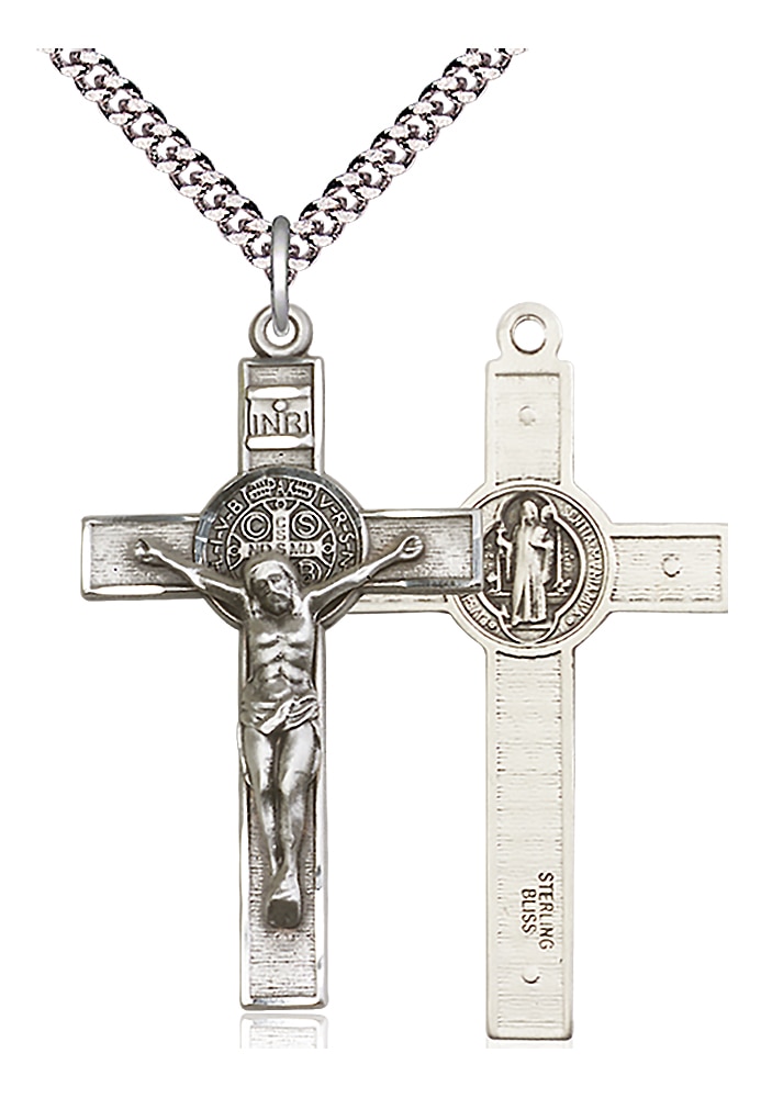 Sterling Silver Saint Benedict Crucifix Pendant on an 24-inch Light Rhodium Heavy Curb ChainHandmade in the USA