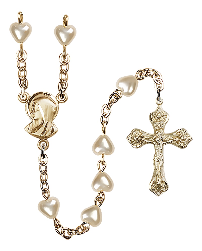 Gold Plate Rosary with 6mm Heart Imitation Pearl Beads and Madonna Center. Handmade in the USA