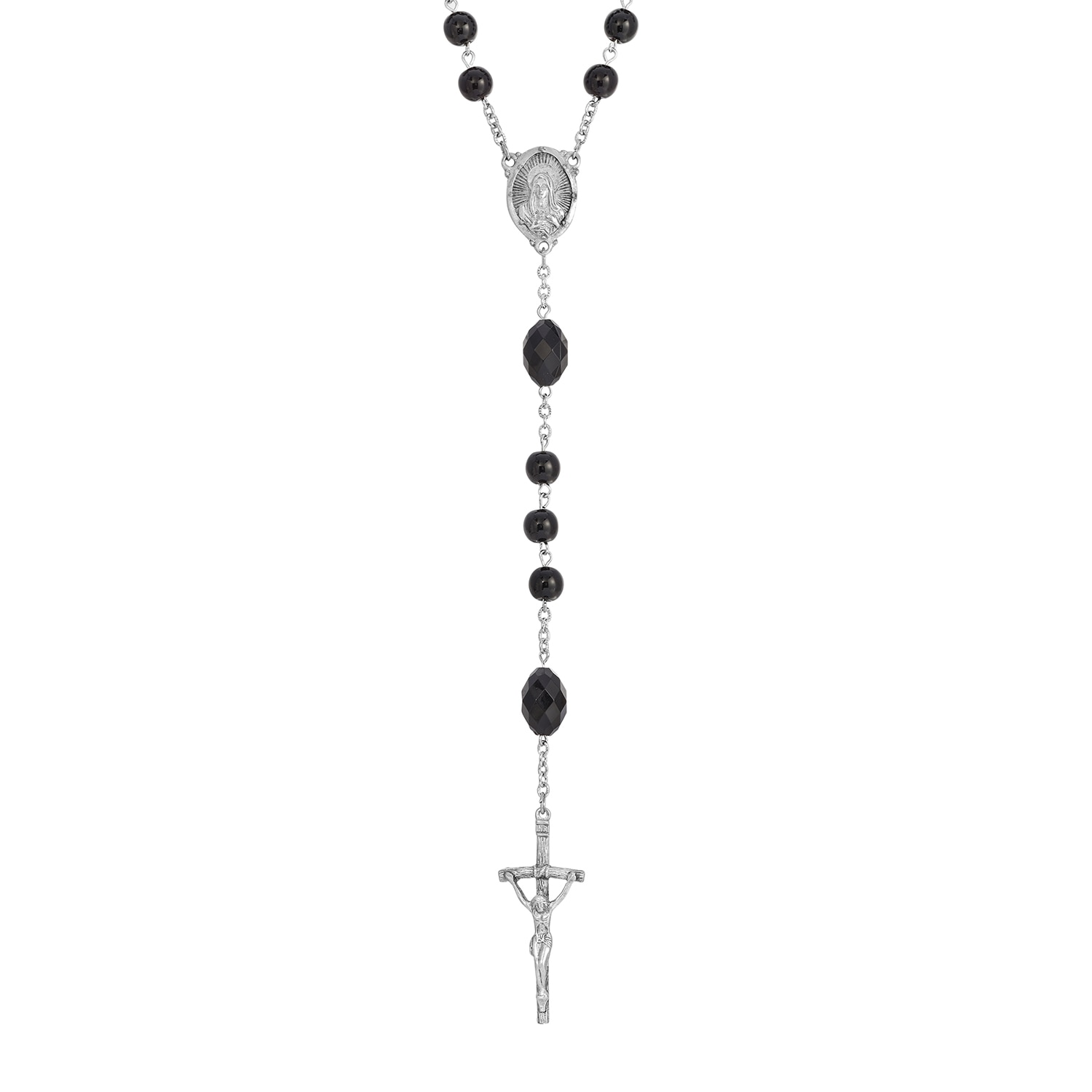 1928 Symbols of Faith black bead papel rosary 32 inches
