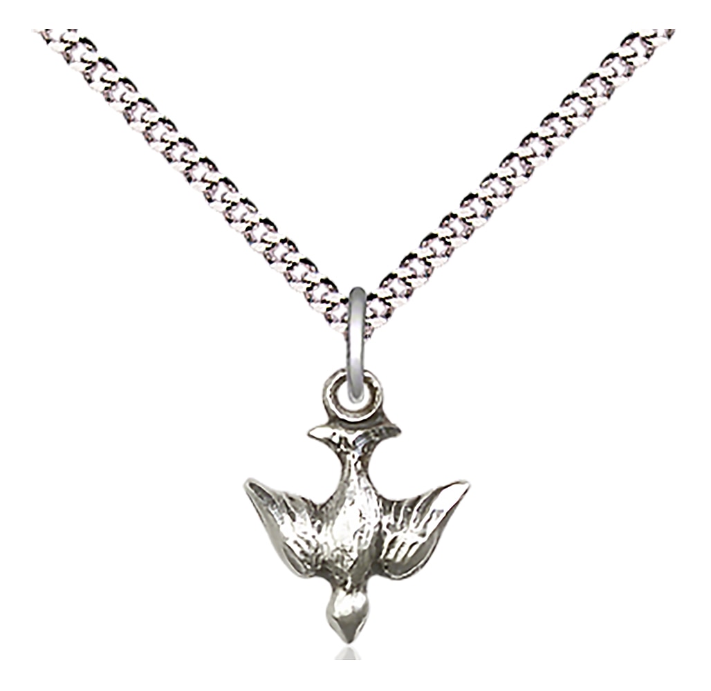 Sterling Silver Holy Spirit Pendant on an 18-inch Light Rhodium Light Curb Chain.  Handmade in the USA