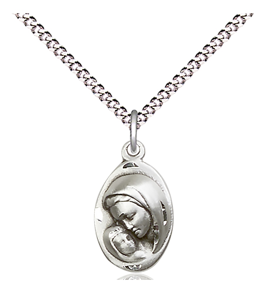 Sterling Silver Madonna & Child Pendant on an 18-inch Light Rhodium Light Curb Chain.  Handmade in the USA