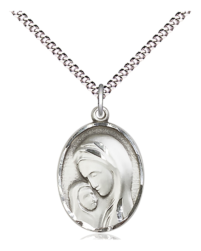 Sterling Silver Madonna & Child Pendant on an 18-inch Light Rhodium Light Curb Chain.  Handmade in the USA