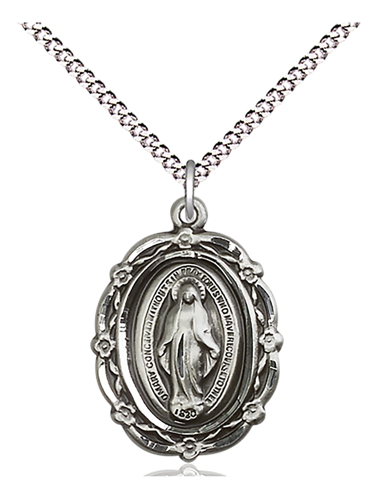 Sterling Silver Miraculous Pendant on an 18-inch Light Rhodium Light Curb Chain.  Handmade in the USA