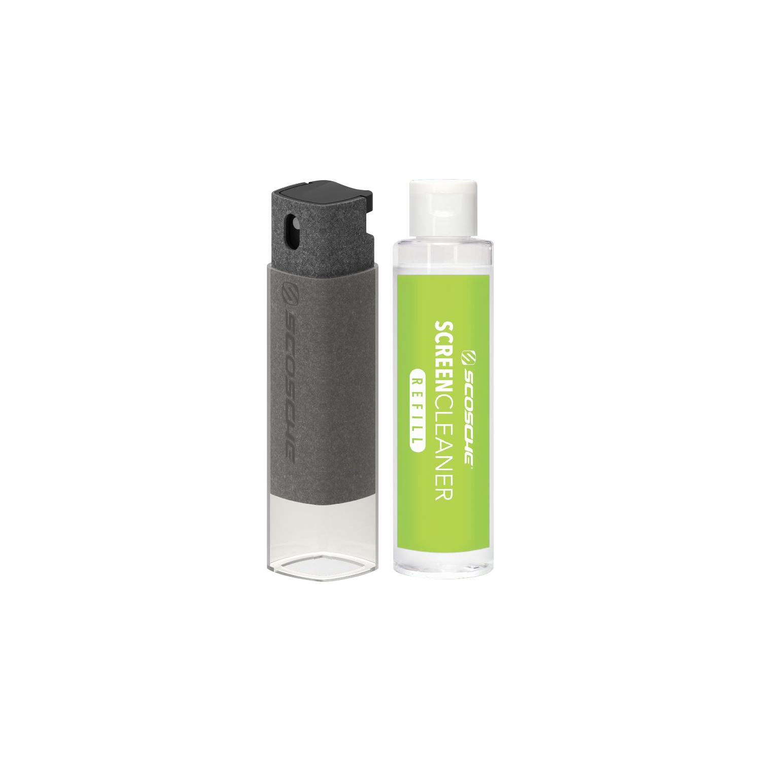 Scosche 2-in-1 Spray Mist Screen Cleaner & Microfiber Cloth with Bonus Refill 20ml- Gray