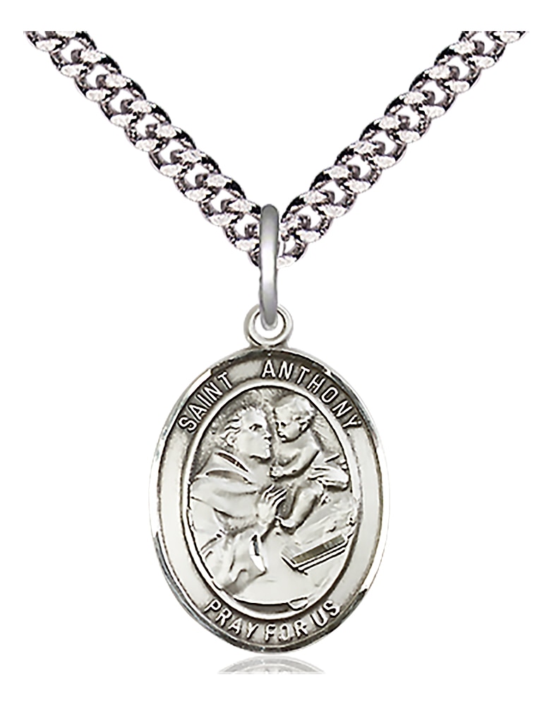 Sterling Silver Saint Anthony of Padua Pendant on an 18-inch Light Rhodium Heavy Curb Chain.  Handmade in the USA