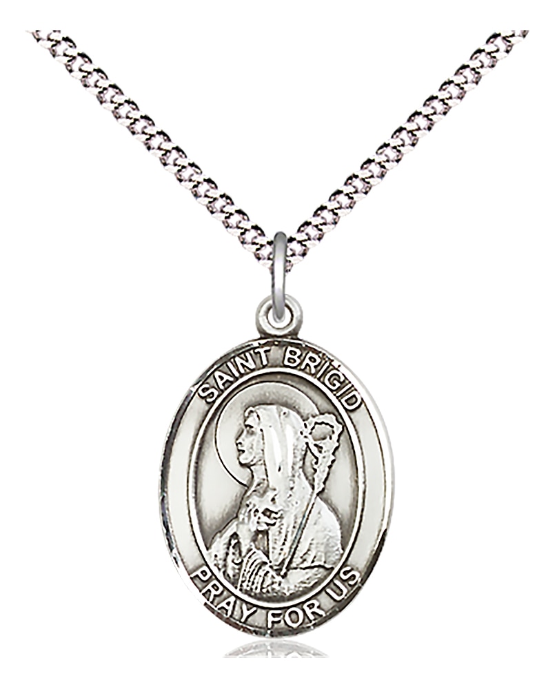 Sterling Silver Saint Brigid of Ireland Pendant on an 18-inch Light Rhodium Light Curb Chain.  Handmade in the USA