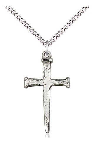 Nail Cross Medal  Medal Measures 1 1/8-inch tall by 5/8-inch wide  Chain is 18 Inches in length Light Rhodium Light Curb Chain with Lobster Claw Clasp Handmade in the USA