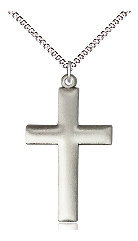 Cross Medal  Medal Measures 1 3/8-inch tall by 3/4-inch wide  Chain is 18 Inches in length Light Rhodium Light Curb Chain with Lobster Claw Clasp Handmade in the USA