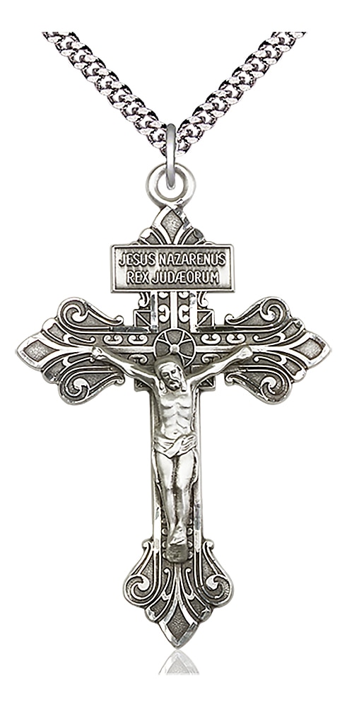 Crucifix Medal  Medal Measures 2 1/8-inch tall by 1 3/8-inch wide  Chain is 18 Inches in length Light Rhodium Heavy Curb Chain with Lobster Claw Clasp Handmade in the USA