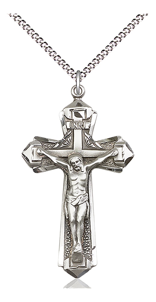 Crucifix Medal  Medal Measures 1 5/8-inch tall by 7/8-inch wide  Chain is 18 Inches in length Light Rhodium Light Curb Chain with Lobster Claw Clasp Handmade in the USA