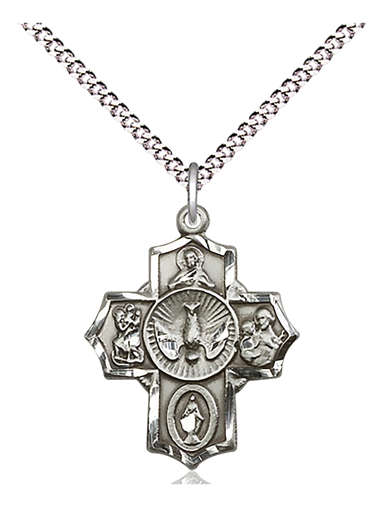 5-Way Medal  The 5-Way Medal features Scapular on the top, Saint Christopher on the right, Miraculous at the bottom, Saint Joseph on the left and Holy Spirit in the center  Medal Measures 7/8-inch tall by 5/8-inch wide  Chain is 18 Inches in length H