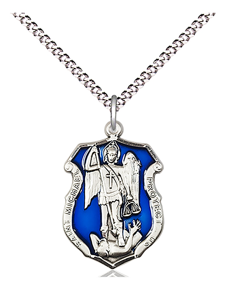 Saint Michael the Archangel Shield Medal with Blue Epoxy.  Medal Measures 7/8-inch tall by 1/2-inch wide  Chain is 18 Inches in length Light Rhodium Light Curb Chain with Lobster Claw Clasp  Saint Michael the Archangel is the Patron Saint of Police H