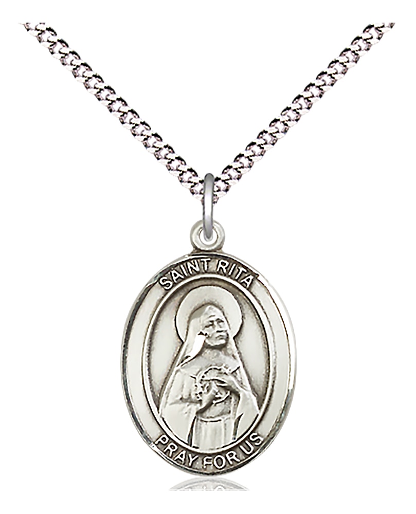 Saint Rita of Cascia Medal  Medal Measures 3/4-inch tall by 1/2-inch wide  Chain is 18 Inches in length Light Rhodium Light Curb Chain with Lobster Claw Clasp  Saint Rita of Cascia is the Patron Saint of Loneliness/Lost Causes Handmade in the USA