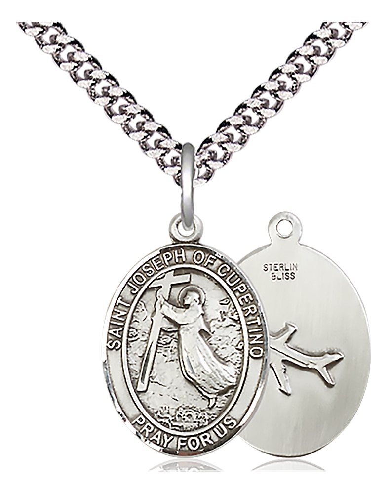 Saint Joseph of Cupertino Medal  Medal Measures 3/4-inch tall by 1/2-inch wide  Chain is 18 Inches in length Light Rhodium Heavy Curb Chain with Lobster Claw Clasp  Saint Joseph of Cupertino is the Patron Saint of Astronauts/Pilots/Air Force Handmade