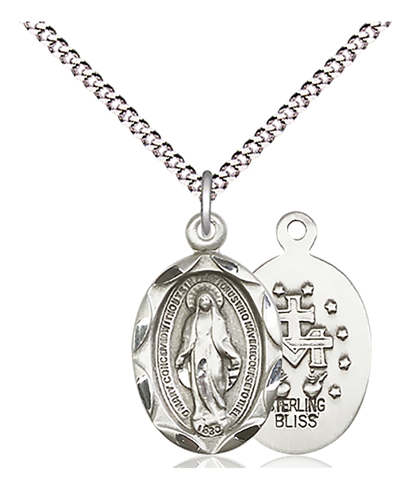 Miraculous Medal  Medal Measures 3/4-inch tall by 3/8-inch wide  Chain is 18 Inches in length Light Rhodium Light Curb Chain with Lobster Claw Clasp Handmade in the USA