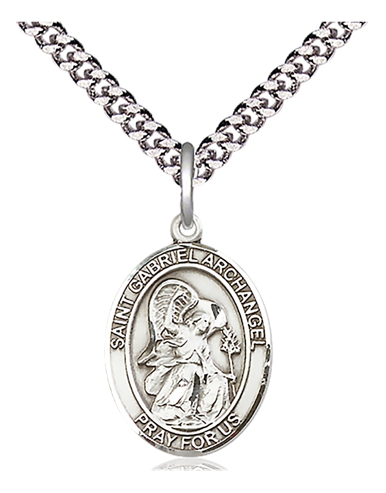 Saint Gabriel the Archangel Medal  Medal Measures 3/4-inch tall by 1/2-inch wide  Chain is 18 Inches in length Light Rhodium Heavy Curb Chain with Lobster Claw Clasp  Saint Gabriel the Archangel is the Patron Saint of Messengers Handmade in the USA