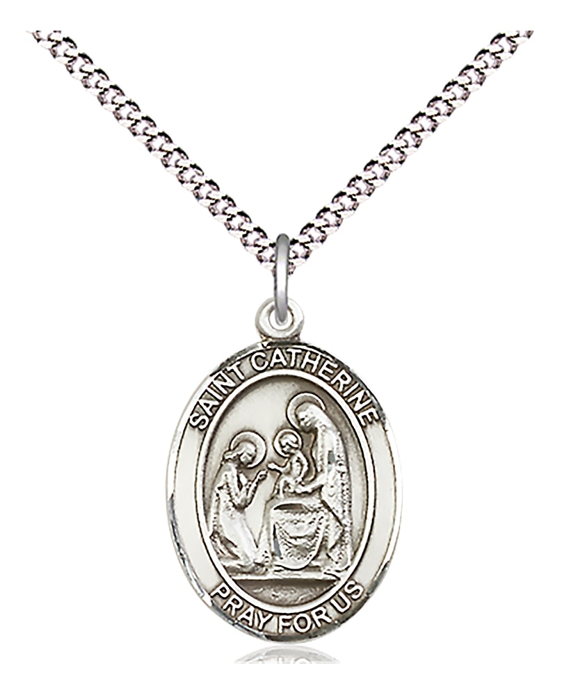 Sterling Silver Saint Catherine of Siena Pendant on an 18-inch Light Rhodium Light Curb Chain.  Handmade in the USA
