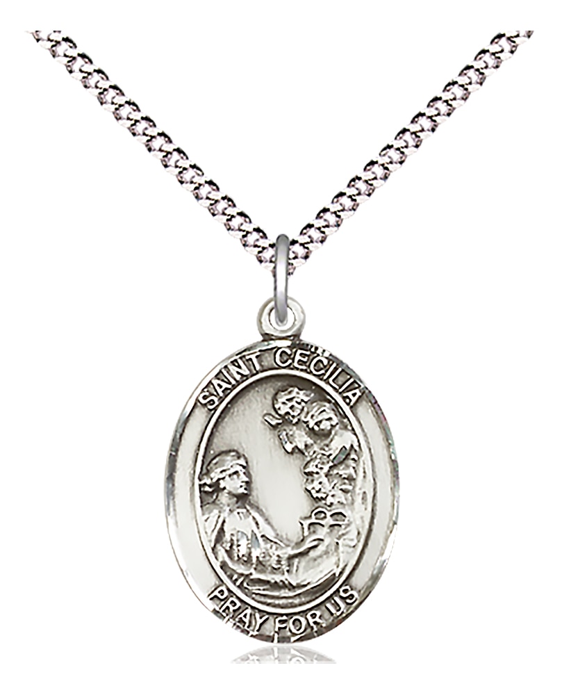 Sterling Silver Saint Cecilia Pendant on an 18-inch Light Rhodium Light Curb Chain.  Handmade in the USA