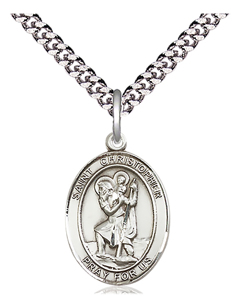 Sterling Silver Saint Christopher Pendant on an 18-inch Light Rhodium Heavy Curb Chain. Handmade in the USA