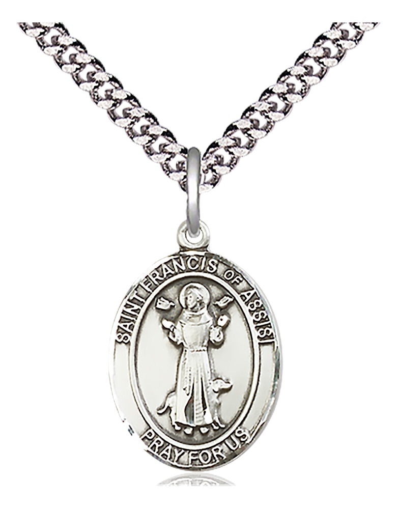 Sterling Silver Saint Francis of Assisi Pendant on an 18-inch Light Rhodium Heavy Curb Chain.  Handmade in the USA