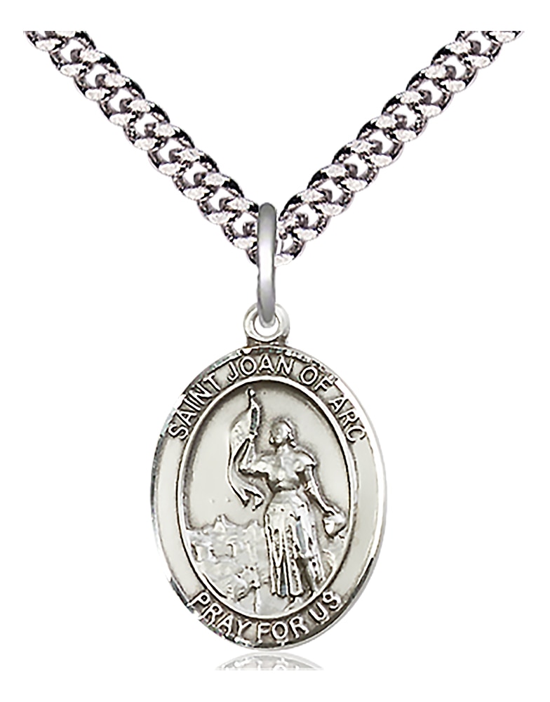Sterling Silver Saint Joan of Arc Pendant on an 18-inch Light Rhodium Heavy Curb Chain.  Handmade in the USA