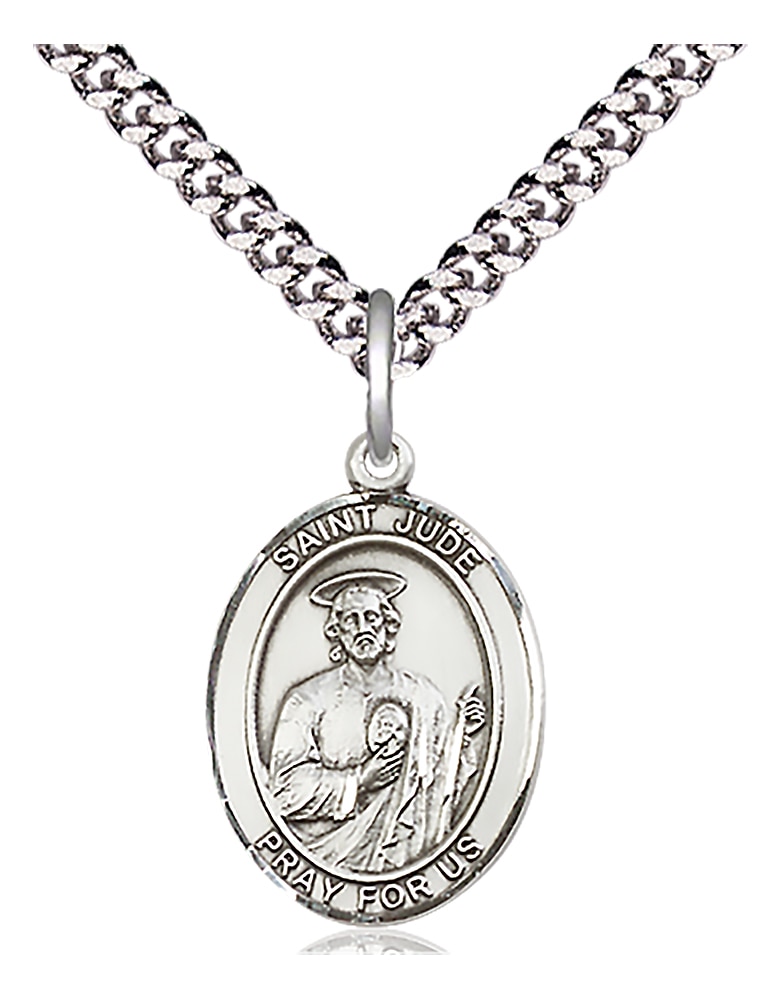 Sterling Silver Saint Jude Pendant on an 18-inch Light Rhodium Heavy Curb Chain.  Handmade in the USA