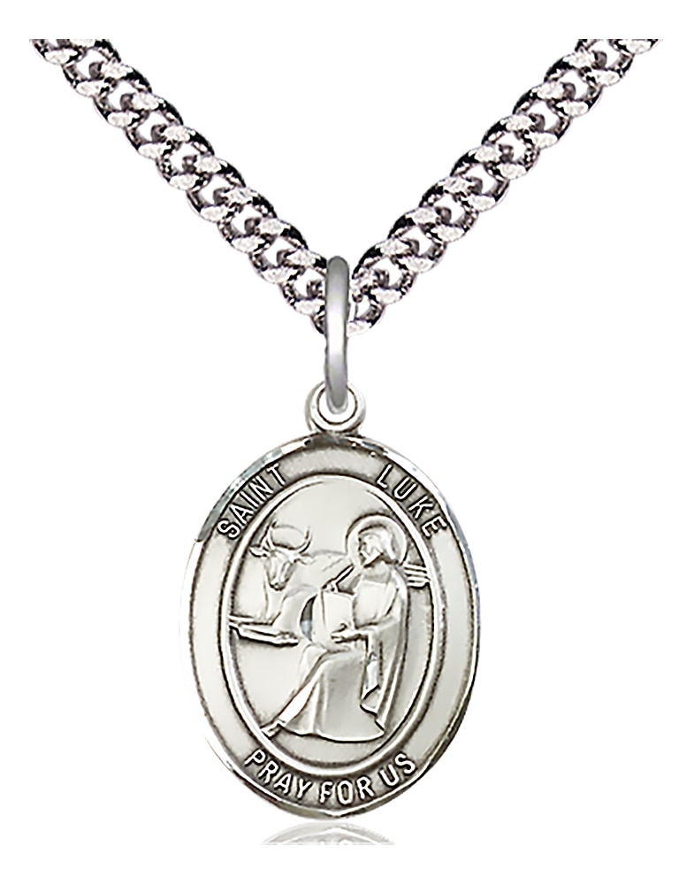 Sterling Silver Saint Luke the Apostle Pendant on an 18-inch Light Rhodium Heavy Curb Chain.  Handmade in the USA