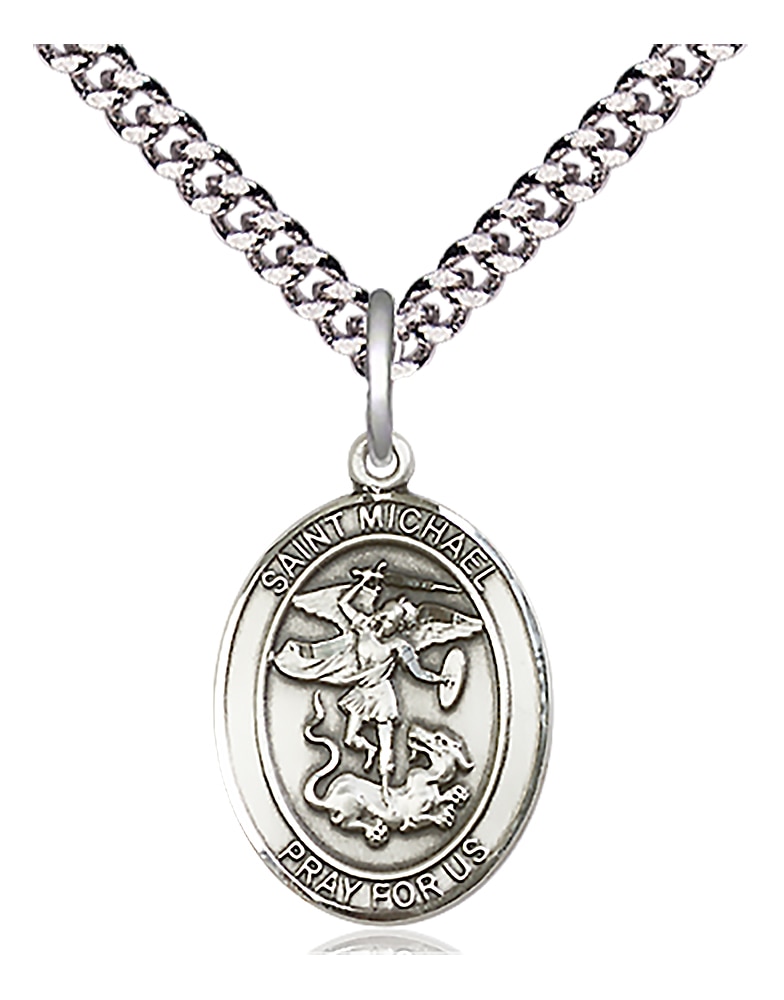 Sterling Silver Saint Michael on an 18-inch Light Rhodium Heavy Curb Chain.  Handmade in the USA