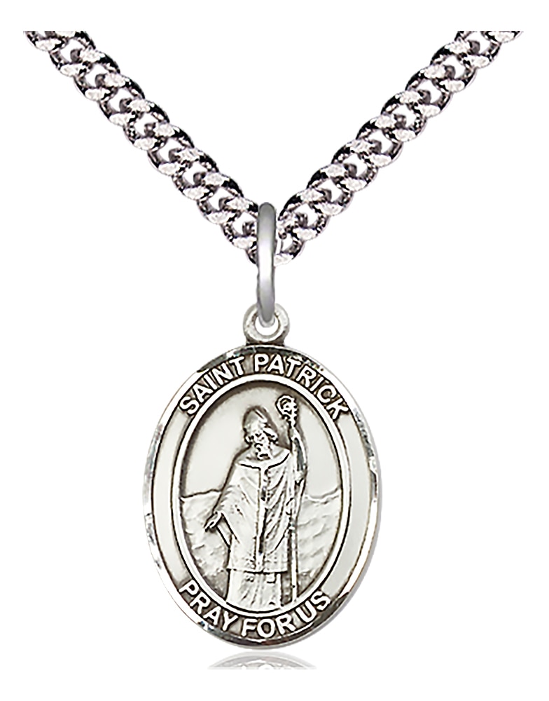 Sterling Silver Saint Patrick on an 18-inch Light Rhodium Heavy Curb Chain.  Handmade in the USA