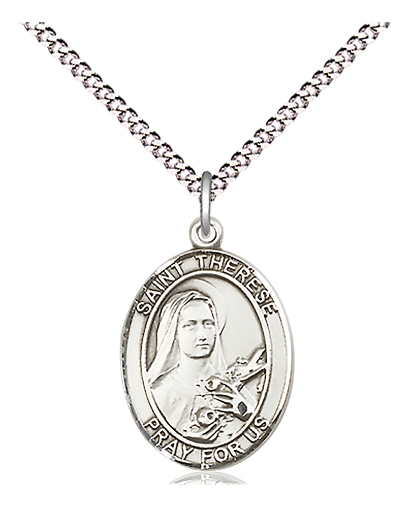 Sterling Silver Saint Therese of Lisieux Pendant on an 18-inch Light Rhodium Light Curb Chain.  Handmade in the USA